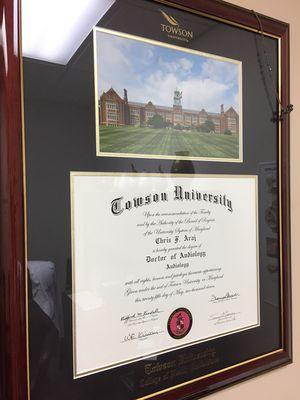 Dr. Chris F. Araj's diploma from Towson University. Au.D. Doctorate in Audiology.