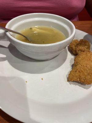 Chicken noodle soup and fried fish