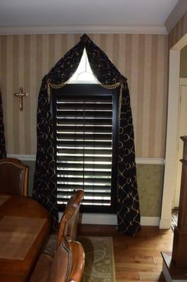 Black Wood plantation shutters, big single panel with 4 1/2" louvers.