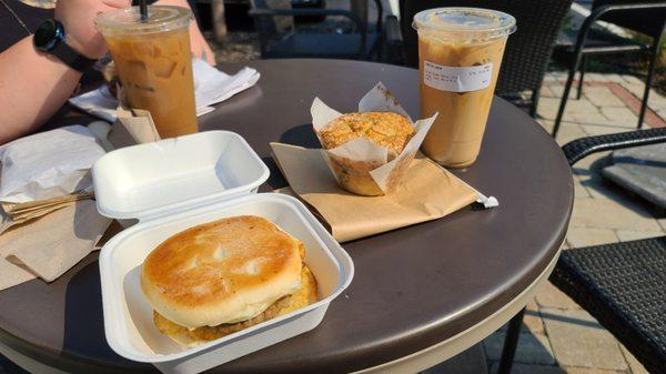 Ultimate breakfast sandwich (which is incredible) with a blueberry muffin and a mocha salted caramel latte.