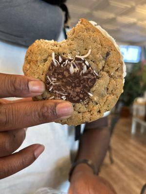 coconut joy cookie cream sandwich. WARNING: NOT an ice cream sandwich. The center is filled with cake frosting & overly sweet