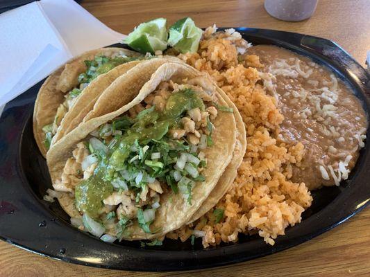 Chicken tacos, beans and rice