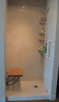 Bath Fitter can also install accessories, such as a bench, grab bars and shelves for soap, shampoo, etc.