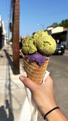 Top scoop Matcha lemon cookie bottom ube