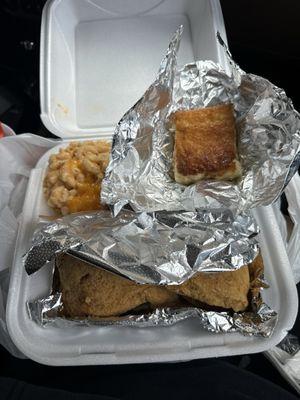 Whiting, macaroni, and cornbread (decent)