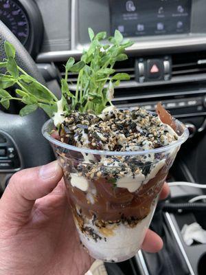 Shoyu ginger poke cup with rice, aioli and furikake seasoning