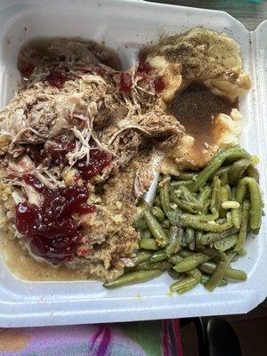 Turkey & dressing, mashed potatoes and green beans