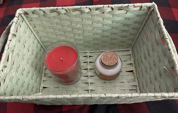 Wicker basket $3.99/New candles $2.99 each