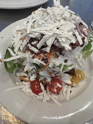 Crisp Iceberg Lettuce , Tomato , Red Onion and Grated Carrot Salad (I subbed Ricotta Salata for Blue Cheese)