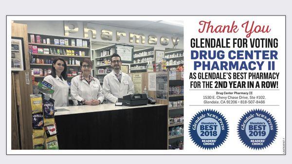 Thank you for voting us the "Best Pharmacy in Glendale" for the 2nd year in a row!