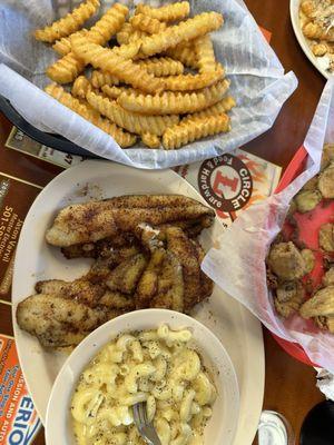 Blackened catfish, mac and cheese, crinkle fries