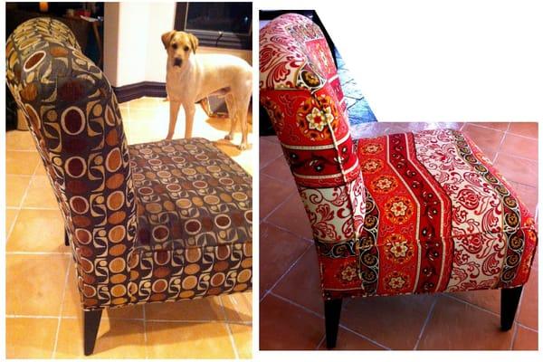 The photo on the left (with my dog) is what the chair looked like before re-covering it. Great piping work!