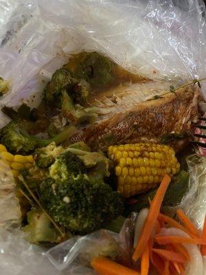 Steamed snapper with Okra, broccoli  and Scott's bonnet