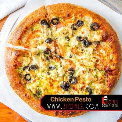 Pesto Sauce, Diced Chicken, Tomatoes, Black Olives & Mozzarella Cheese