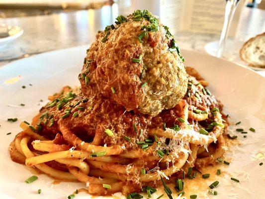 Bucatini with a helluva "W" meatball, chives bring it up a notch