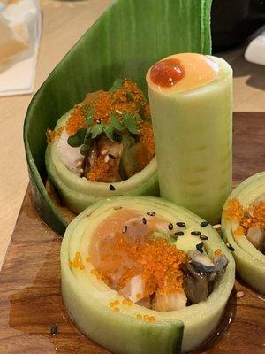 Matsuyama roll.  Refreshing, tasty and creative roll wrapped with cucumber.