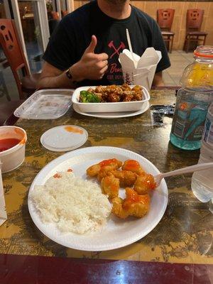 Sweet and sour chicken, sesame chicken and white  rice