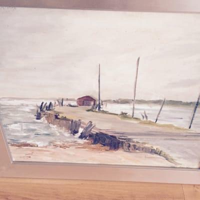 Orient Wharf - Vintage Painting by Irma Braham , Greenport artist