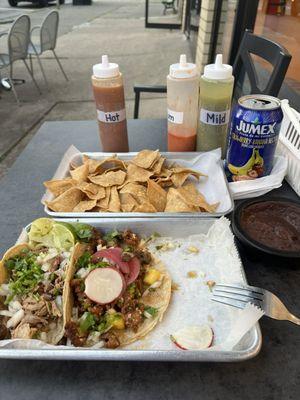 Tacos and guacamole and chips