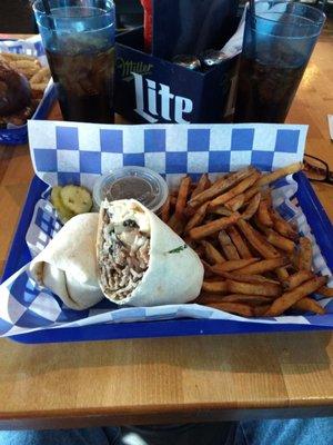 Prime rib wrap and eagle fries.