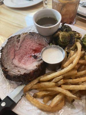 Prime rib with fries and brussel sprouts