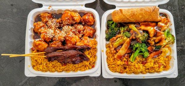 Sesame chicken & chicken broccoli combo meals w/ pork fried rice, egg roll & teriyaki sticks