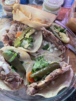 Carnitas tacos and pork tamales.  Outstanding