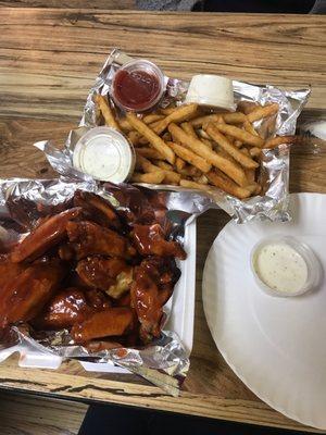 Bbq chicken wings and fries ... the fries are out of this world!!!