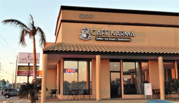 This is what Cafe Karma on Padre Blvd. looks like with the late afternoon soon setting on it.