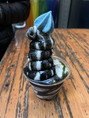 Black sesame and matcha soft serve ice cream