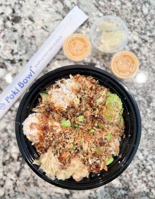 Regular Poke Bowl with Spicy Tuna, Salmon, Ahi Tuna, and Crabmeat for protein.