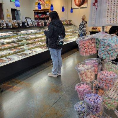 A nice, wide counter of chocolates and a very fine selection of taffy.