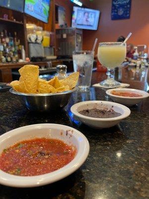 Margaritas, salsa and bean dip!