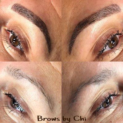 Eyebrow Microblading right after procedure. Color will fade 30-40 percent in a week.