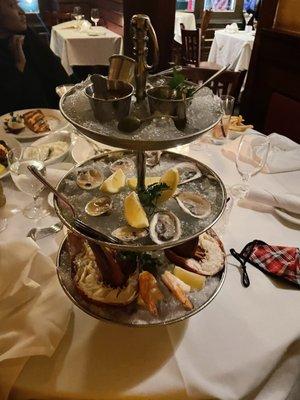 Seafood tower, salmon, surf and turf