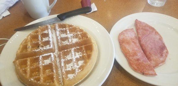 Belgian waffle,  slice of ham