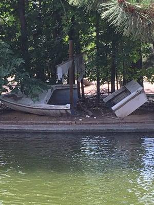 Boat wrecked display w duck eggs laying around