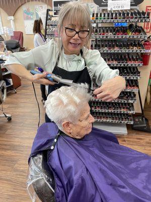 Styling at the end of the haircut.