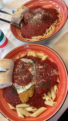 Chicken parm and spaghetti and meatballs