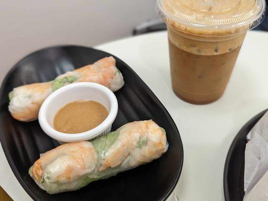 Shrimp spring rolls and Phin coffee