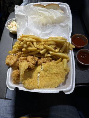 Catfish fillet and shrimp.