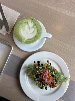 Blueberry basil matcha latte and avocado toast