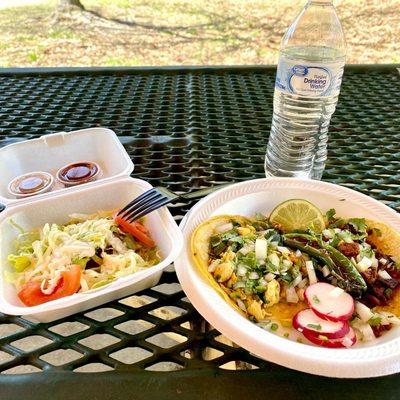 Pollo (Chicken) and Adoboda (Pork) Tacos with a Frijole (Bean) Sope