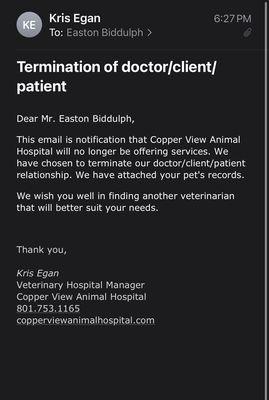 Unexpected notice of termination of doctor/client/patient relationship.