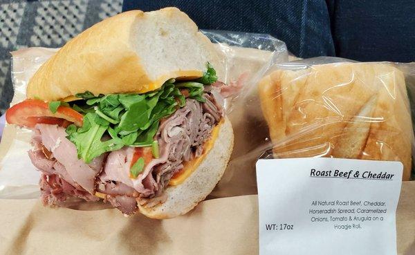 Loaded with roast beef. The fillings are good, but the bread is dry which takes away from the overall flavor.