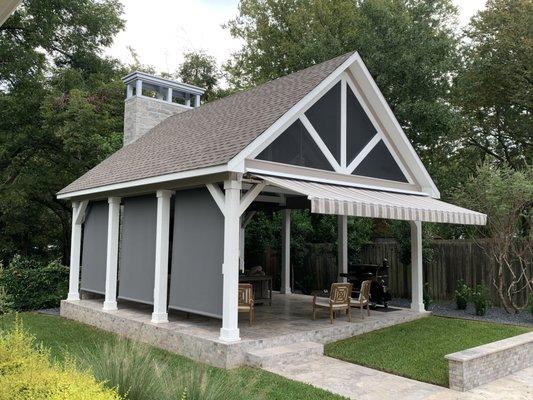 Retractable awning and drop screens/shades.  Used together to make your outdoor space more livable all year round. Sunbrella canvas