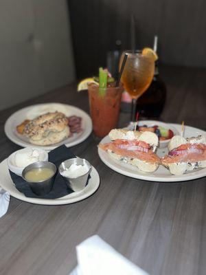 Lox sandwich, plain bagel, eggs and a Latke