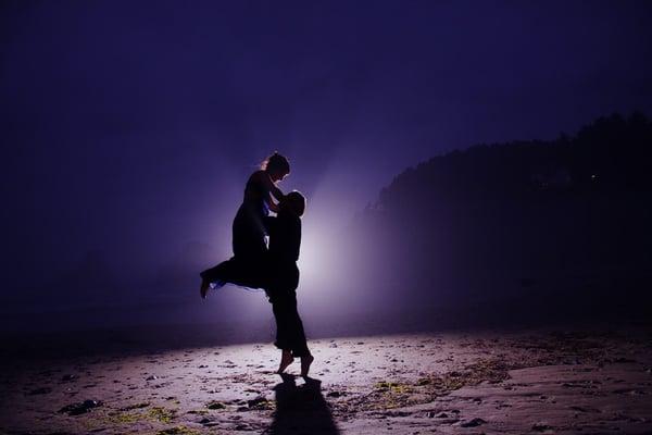 wedding couple on the beach at sunset. Oregon coast.