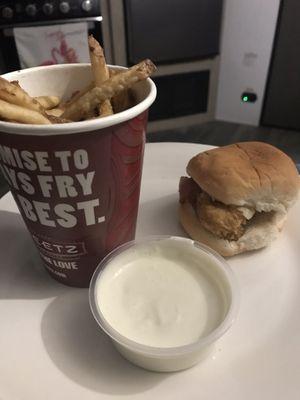 Fries and spicy chicken bacon ranch sliders.