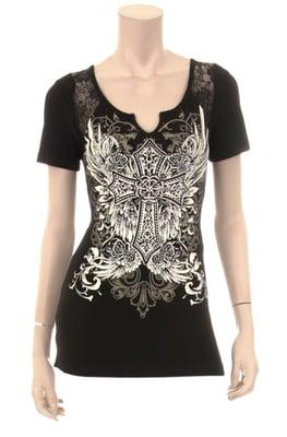 Women's Shirt with Lace Panels and Rhinestone Angel Wings